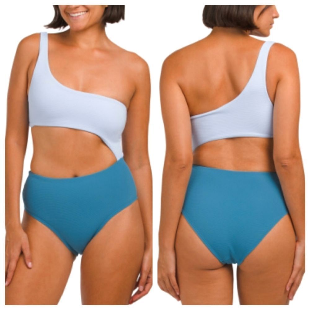 Wilo Women Teal Blue Asymmetrical Cut Out Colorblock Onepiece Swimsuit sz Large